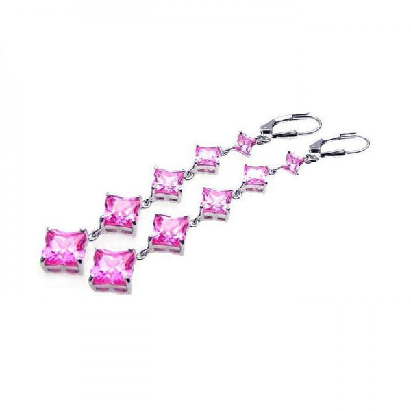 Closeout-Silver 925 Rhodium Plated Graduate Pink CZ Wire Dangling Hook Earrings - STE00539 | Silver Palace Inc.