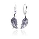 Silver 925 Rhodium Plated Curvy Leaf CZ Dangling Hook Earrings - STE00542 | Silver Palace Inc.