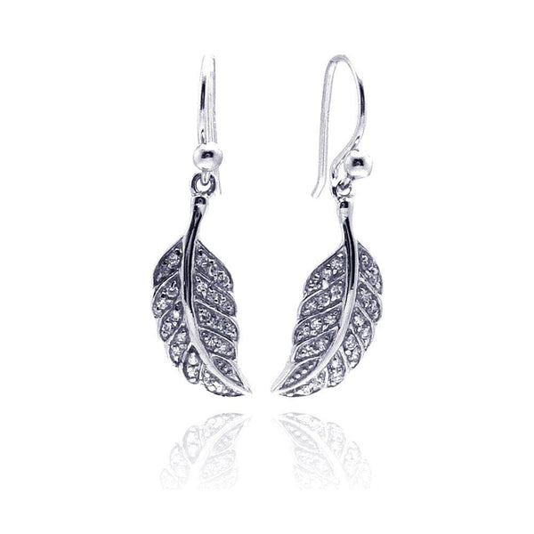 Silver 925 Rhodium Plated Curvy Leaf CZ Dangling Hook Earrings - STE00542 | Silver Palace Inc.