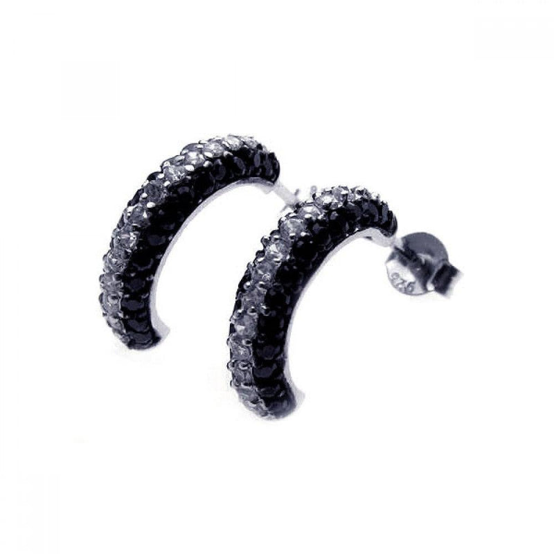 Silver 925 Black and Silver Rhodium Plated Crescent CZ Semi-huggie hoop Earrings - STE00584 | Silver Palace Inc.