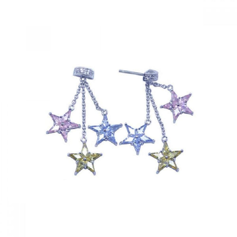 Closeout-Silver 925 Rhodium Plated Three Start Multi Color CZ Dangling Strand Stud Earrings - STE00610 | Silver Palace Inc.