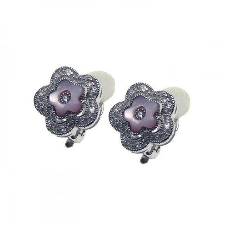 Closeout-Silver 925 Rhodium Plated Pink Flower CZ Clip Earrings - STE00628 | Silver Palace Inc.