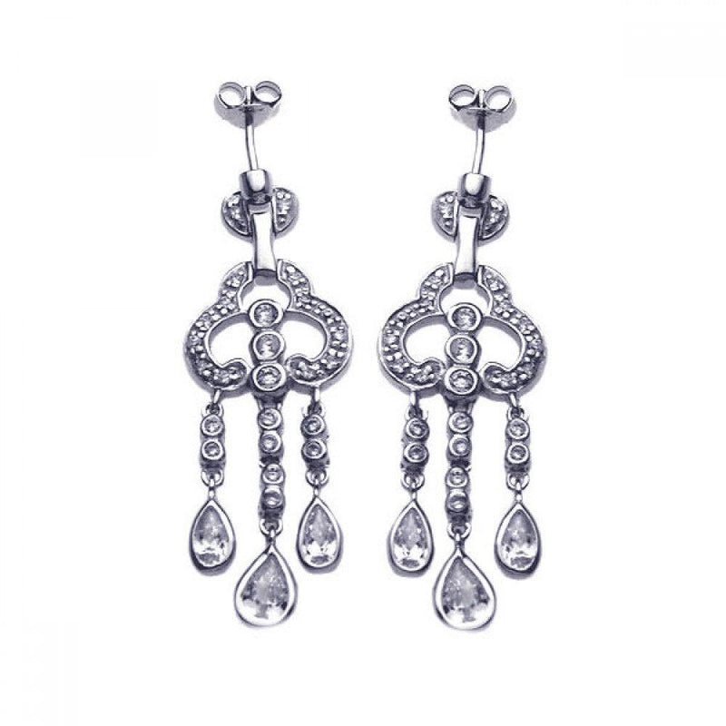 Closeout-Silver 925 Rhodium Plated Round Teardrop CZ Clover Jellyfish Dangling Post Earrings - STE00652 | Silver Palace Inc.