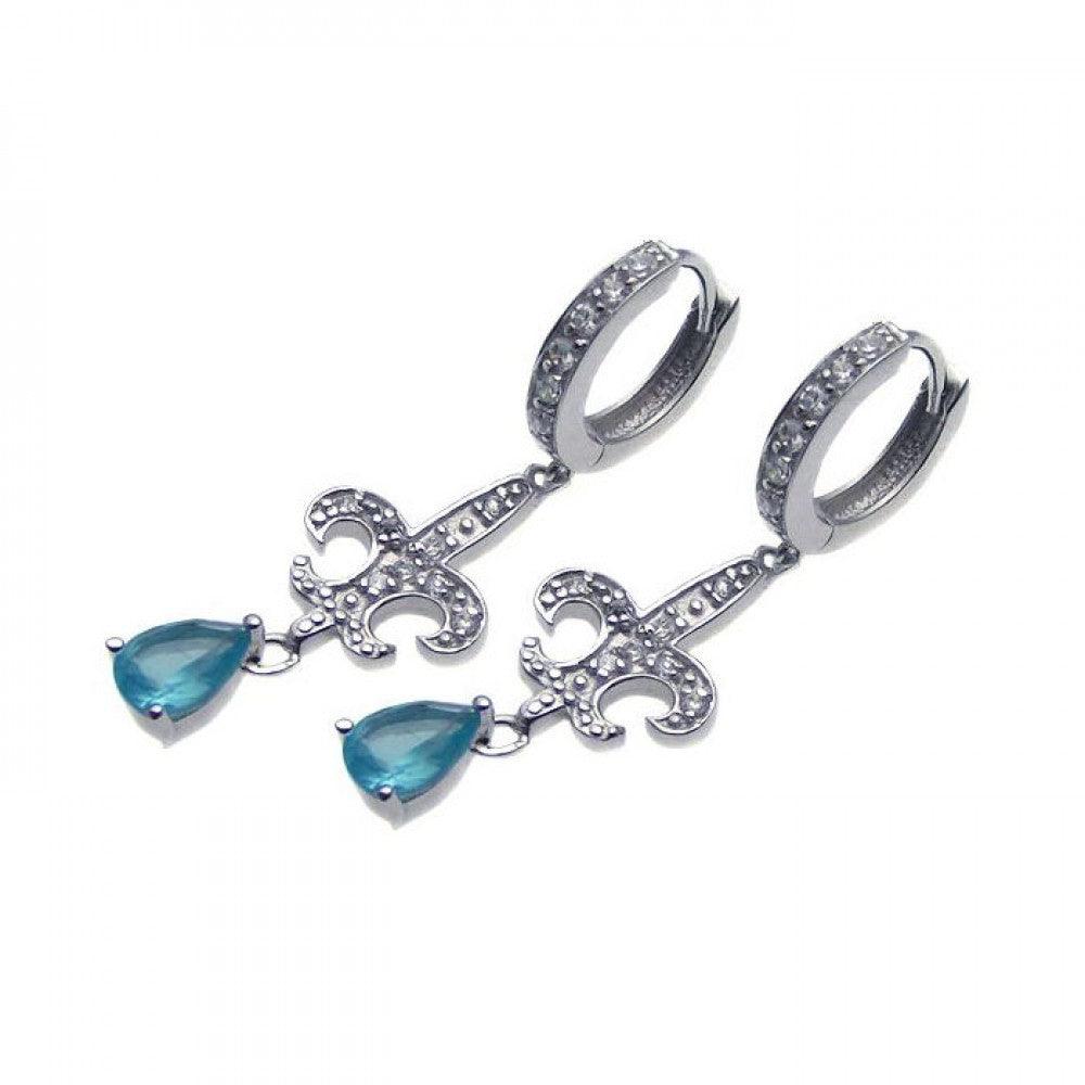 Silver 925 Rhodium Plated Blue Teardrop CZ Fleur De Lis Dangling huggie hoop Earrings - STE00654 | Silver Palace Inc.