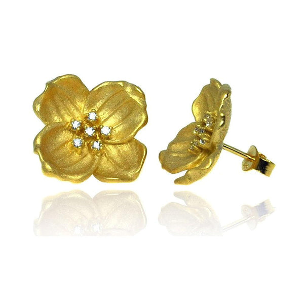 Silver 925 Gold Rhodium Plated Flower Five Clear CZ Stud Earrings - STE00658 | Silver Palace Inc.