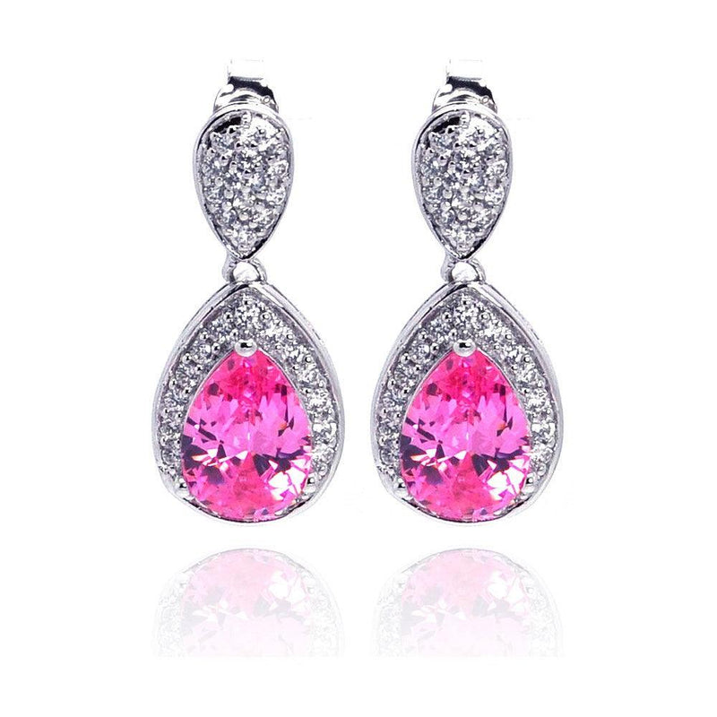 Silver 925 Rhodium Plated Pink Teardrop and Clear CZ Dangling Stud Earrings - STE00670PNK | Silver Palace Inc.