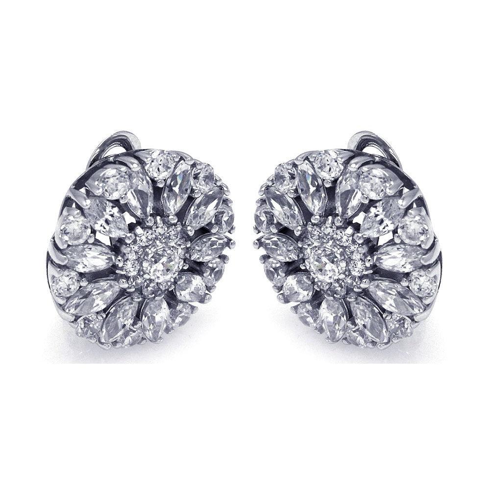 Silver 925 Rhodium Plated Round Flower Clear CZ Stud Earrings - STE00725 | Silver Palace Inc.
