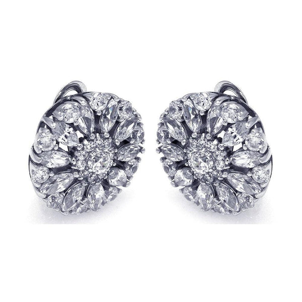Silver 925 Rhodium Plated Round Flower Clear CZ Stud Earrings - STE00725 | Silver Palace Inc.