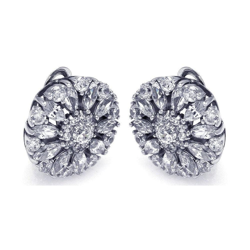 Silver 925 Rhodium Plated Round Flower Clear CZ Stud Earrings - STE00725 | Silver Palace Inc.