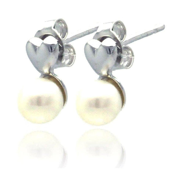 Silver 925 Heart Rhodium Plated Synthetic Pearl Stud Earrings - STE00755 | Silver Palace Inc.