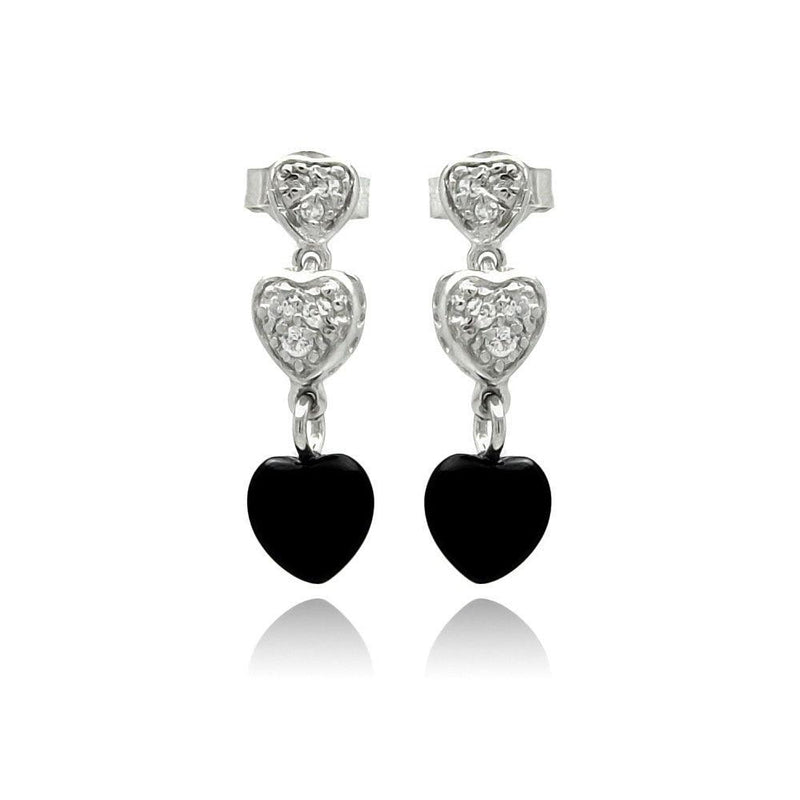 Silver 925 Rhodium Plated Graduated Heart Round Clear CZ Black Onyx Dangling Stud Earrings - STE00771 | Silver Palace Inc.