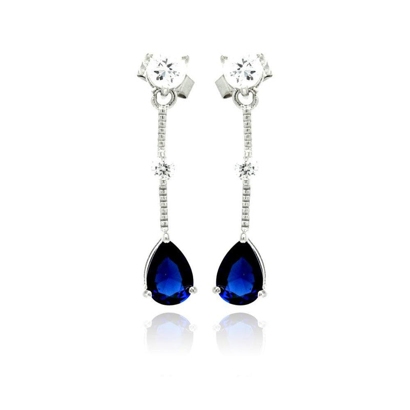 Silver 925 Rhodium Plated Blue Teardrop CZ Wire Dangling Stud Earrings - STE00880