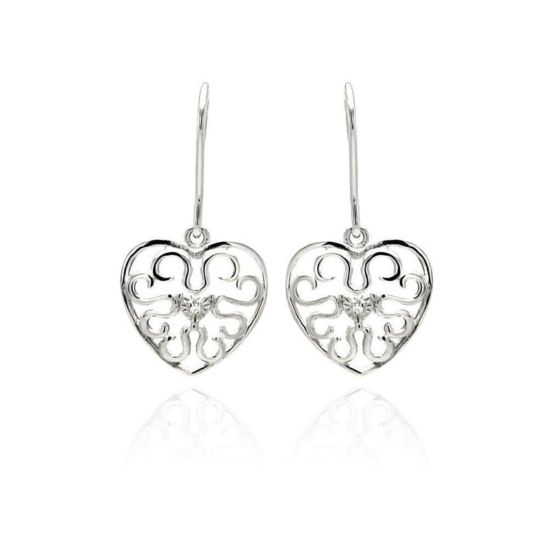 Silver 925 Rhodium Plated Small Round CZ Heart Filigree Dangling Earrings - STE00889 | Silver Palace Inc.