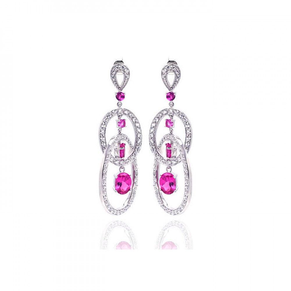 Closeout-Silver 925 Rhodium Plated Pink Multiple Circle Oval Baguette Round CZ Chandelier Dangling Stud Earrings - STE00937 | Silver Palace Inc.