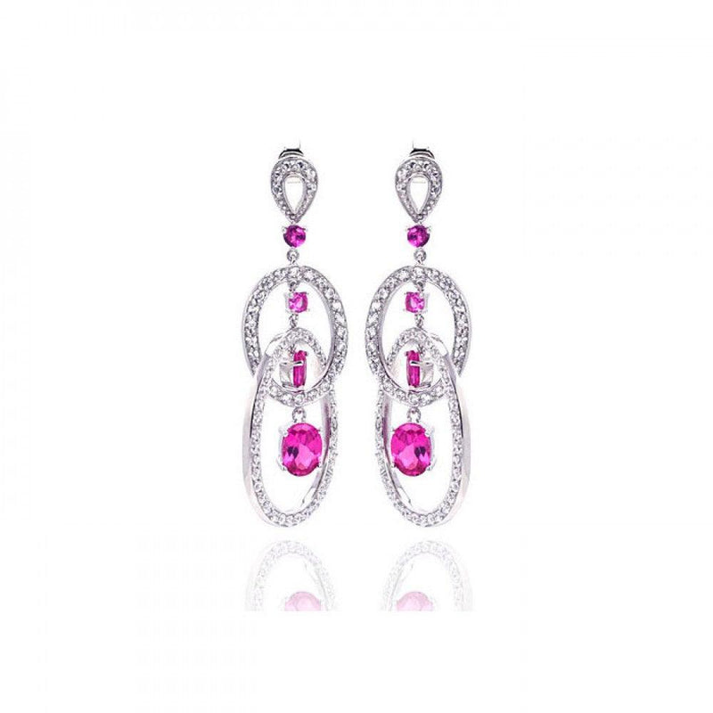Closeout-Silver 925 Rhodium Plated Pink Multiple Circle Oval Baguette Round CZ Chandelier Dangling Stud Earrings - STE00937 | Silver Palace Inc.
