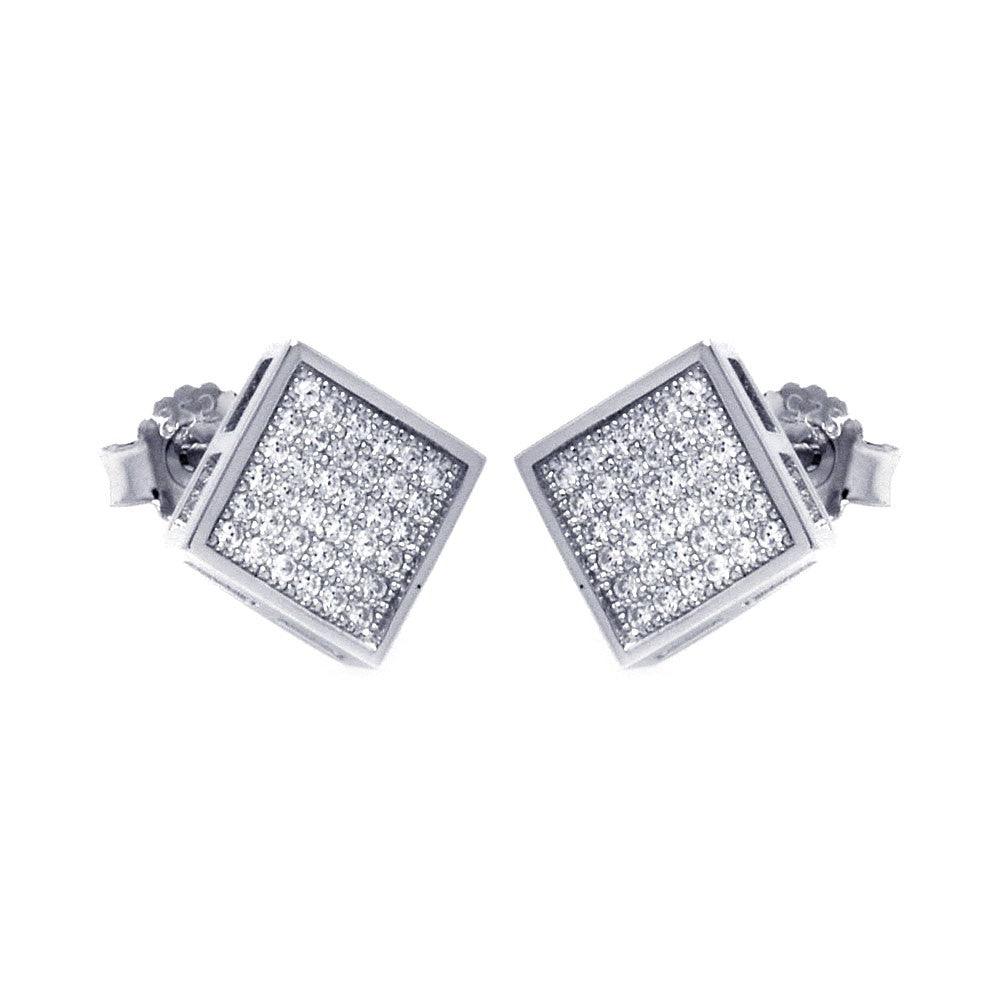 Silver 925 Rhodium Plated Micro Pave Clear Square CZ Stud Earrings - ACE00041 | Silver Palace Inc.