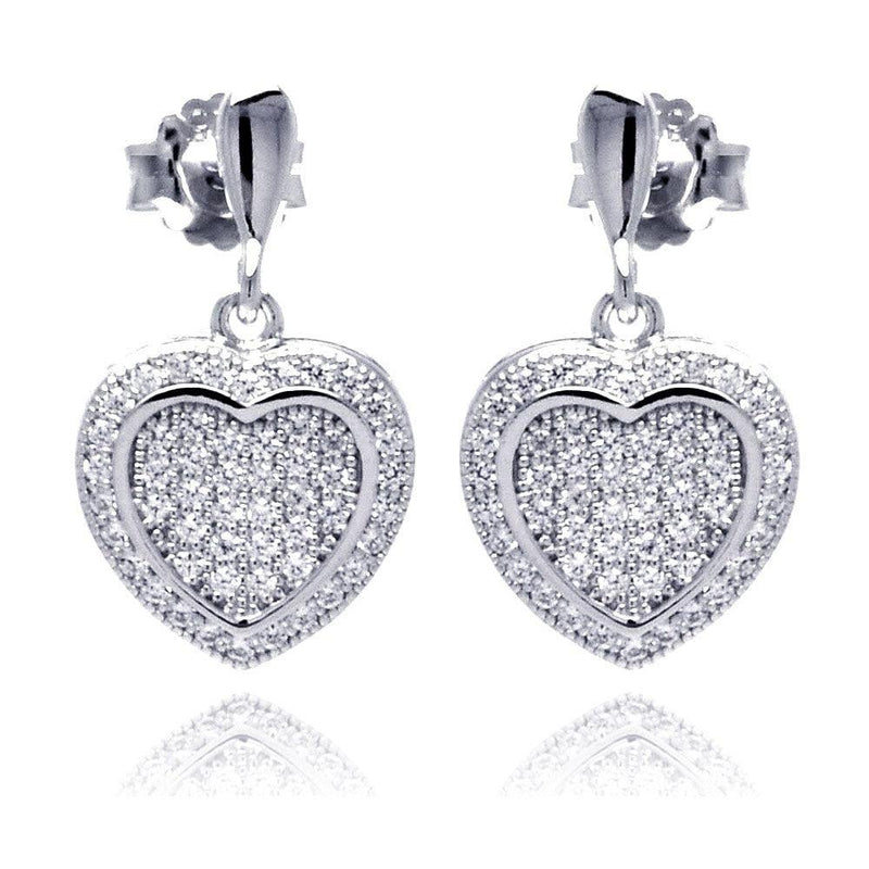 Silver 925 Rhodium Plated Micro Pave Heart Clear CZ Dangling Stud Earrings - ACE00042 | Silver Palace Inc.