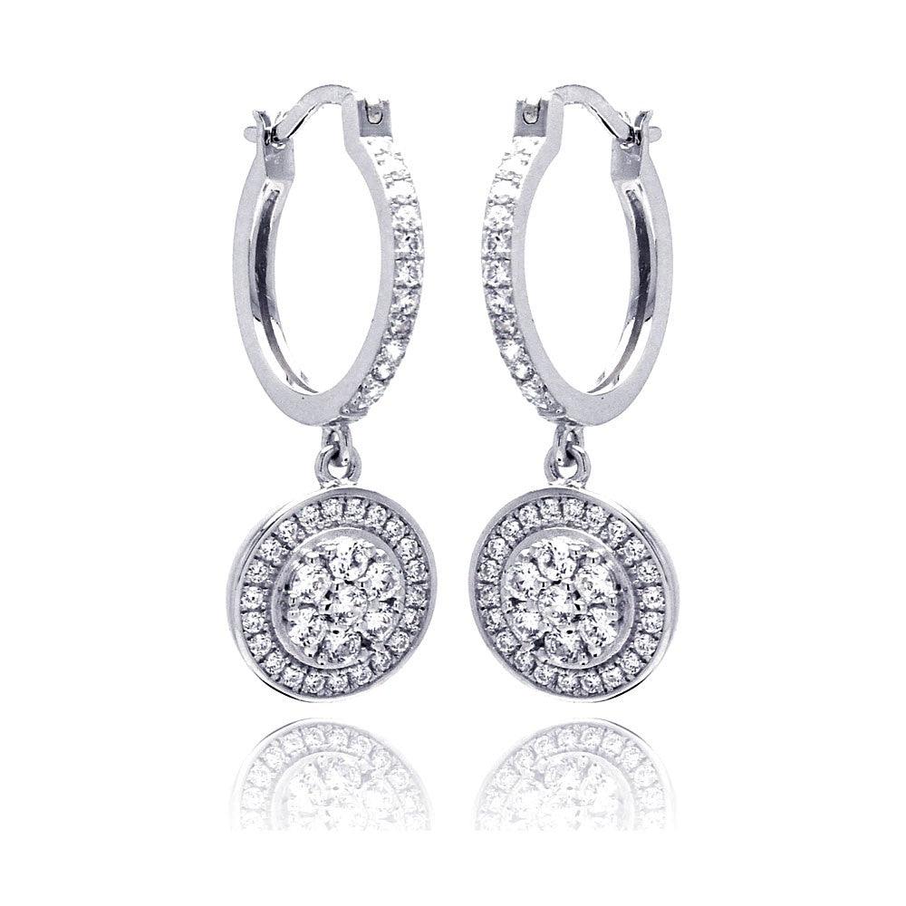 Silver 925 Rhodium Plated Micro Pave Clear Round CZ Wire Dangling huggie hoop Earrings - ACE00059 | Silver Palace Inc.