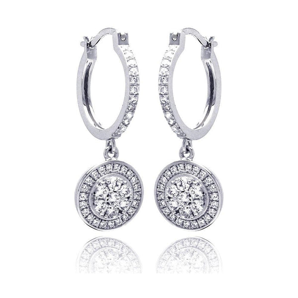 Silver 925 Rhodium Plated Micro Pave Clear Round CZ Wire Dangling huggie hoop Earrings - ACE00059 | Silver Palace Inc.