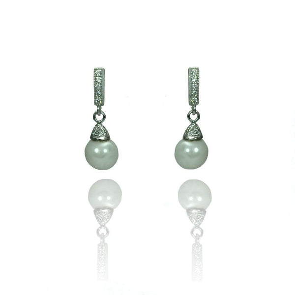 Silver 925 Rhodium Plated Round Clear CZ Synthetic Pearl Dangling Stud Earrings - STE00902 | Silver Palace Inc.