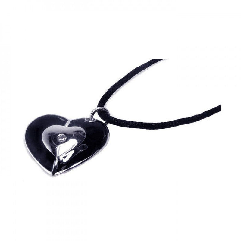 Silver 925 Rhodium Plated Black Enamel Heart Clear CZ Black Cord Pendant Necklace - BGN00002 | Silver Palace Inc.