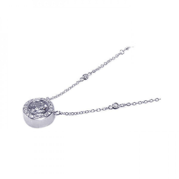 Silver 925 Rhodium Plated Circle Clear CZ Pendant Necklace - BGN00006 | Silver Palace Inc.