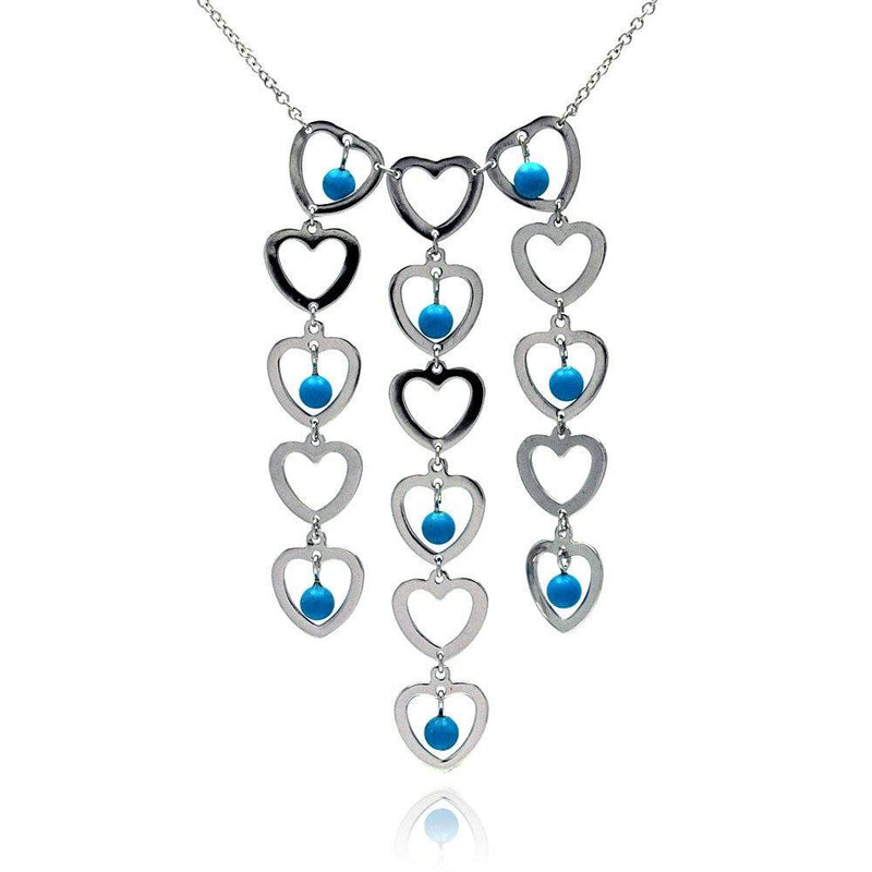Closeout-Silver 925 Rhodium Plated Multi Heart Strand Turquoise Bead CZ Pendant Necklace - BGN00007 | Silver Palace Inc.
