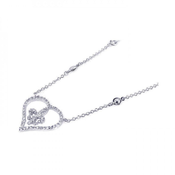 Silver 925 Rhodium Plated Open Heart Fleur De Lis Center Clear CZ Pendant Necklace - BGN00012 | Silver Palace Inc.