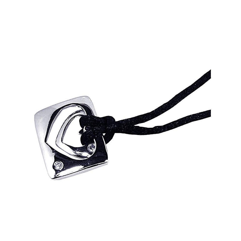 Closeout-Silver 925 Rhodium Plated Square Open Heart Clear CZ Black Cord Pendant Necklace - BGN00025 | Silver Palace Inc.