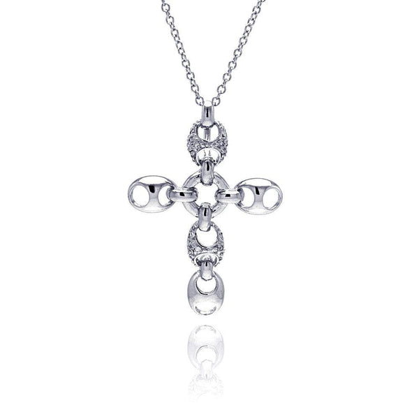 Closeout-Silver 925 Rhodium Plated Open Oval Clear CZ Cross Pendant Necklace - BGN00027 | Silver Palace Inc.