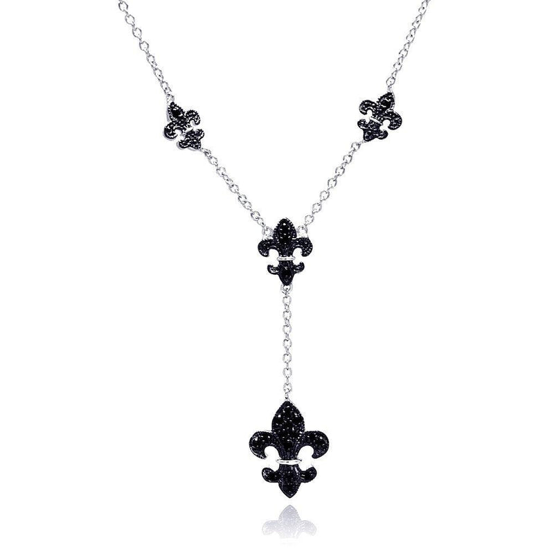 Silver 925 Rhodium and Black Rhodium Plated Black CZ Fleur De Lis Pendant Necklace - BGN00041 | Silver Palace Inc.