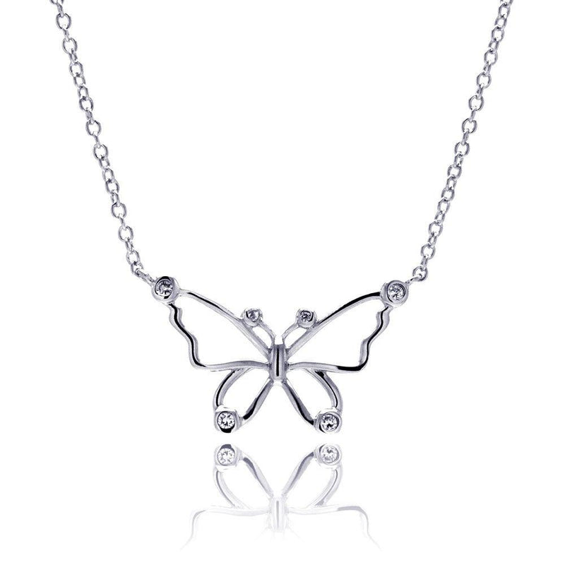 Silver 925 Rhodium Plated Open Butterfly Outline Clear CZ Pendant Necklace - BGN00042 | Silver Palace Inc.