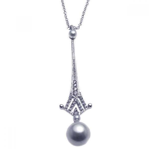 Silver 925 Rhodium Plated Multi Pearl Clear CZ Drop Pendant Necklace - BGN00052 | Silver Palace Inc.