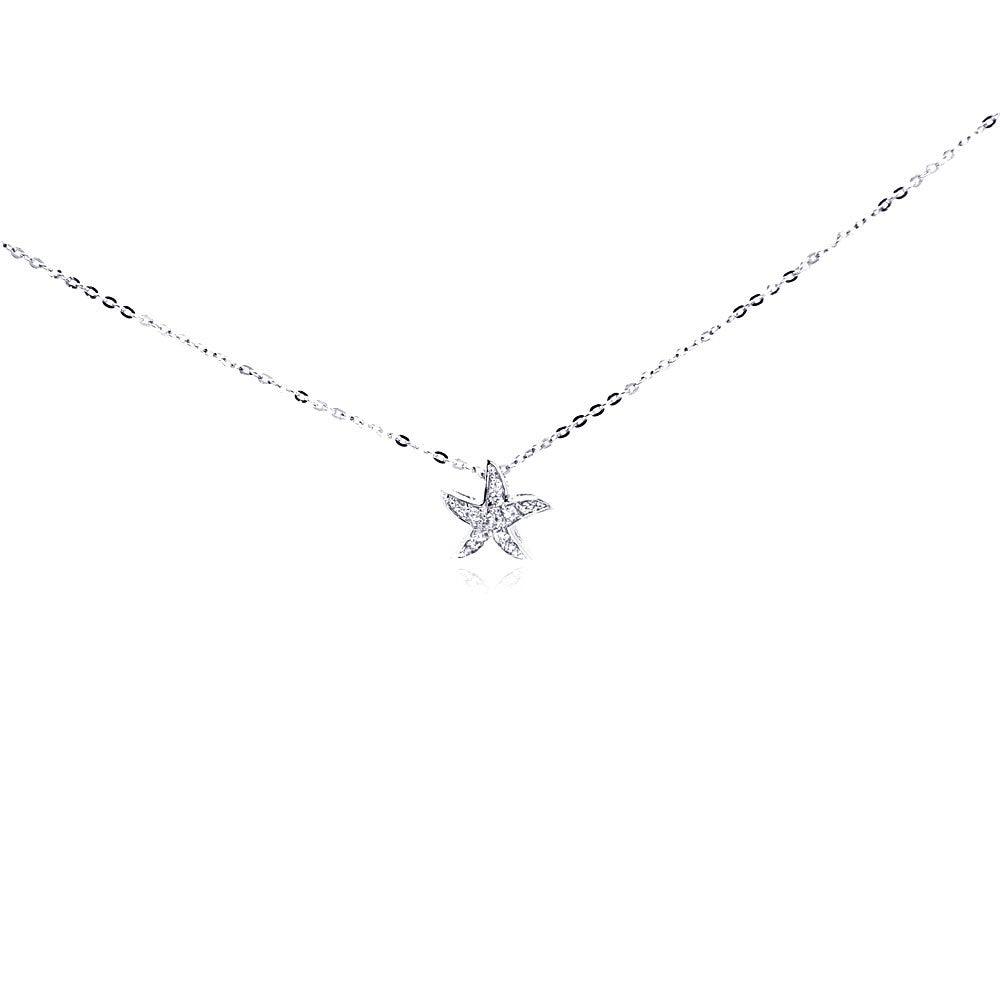Silver 925 Clear CZ Rhodium Plated Star Fish Pendant Necklace - BGP00002