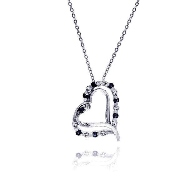 Silver 925 Black and Clear CZ Rhodium Plated Double Heart Pendant Necklace - BGP00020 | Silver Palace Inc.