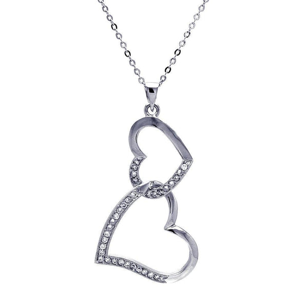 Silver 925 Clear CZ Rhodium Plated Double Heart Pendant Necklace - BGP00025 | Silver Palace Inc.
