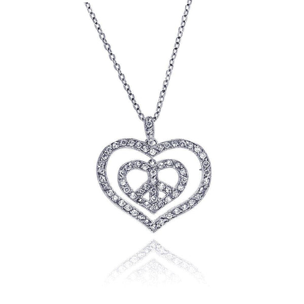 Silver 925 Rhodium Plated Peace Double Heart Pendant Necklace with CZ - BGP00027 | Silver Palace Inc.
