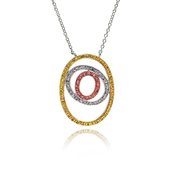Silver 925 Rhodium Plated Open Double Circle Multi-color CZ Necklace - BGP00043 | Silver Palace Inc.
