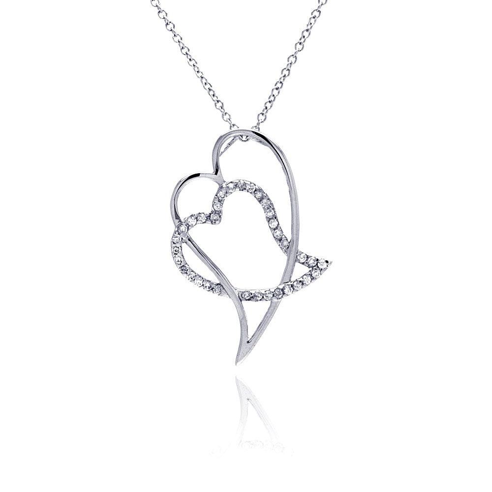 Closeout-Silver 925 Clear CZ Rhodium Plated Double Heart Pendant Necklace - BGP00047 | Silver Palace Inc.
