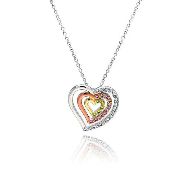 Closeout-Silver 925 Clear Pink Yellow CZ Gold Rose Gold and Rhodium Plated 3 Graduated Heart Pendant Necklace - BGP00056 | Silver Palace Inc.