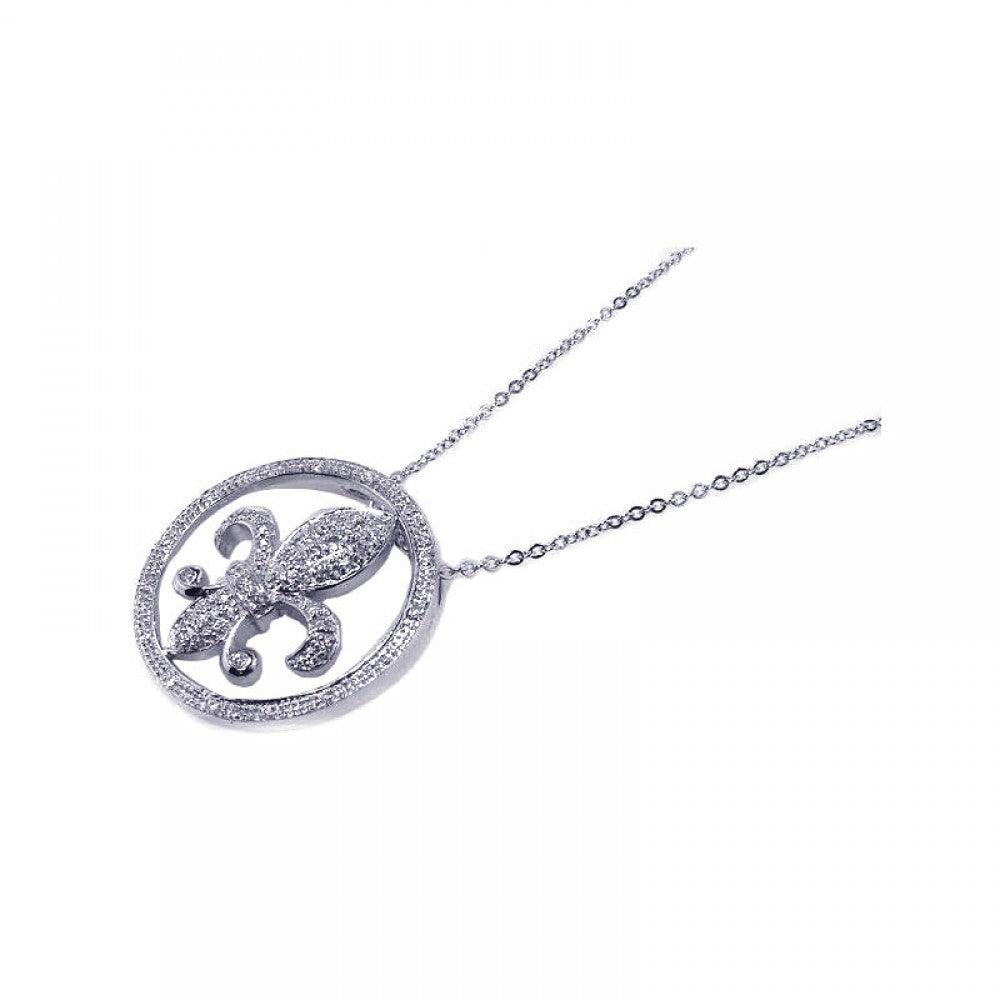 Closeout-Silver 925 Clear CZ Rhodium Plated Flor Di Lis Pendant Necklace - BGP00059 | Silver Palace Inc.