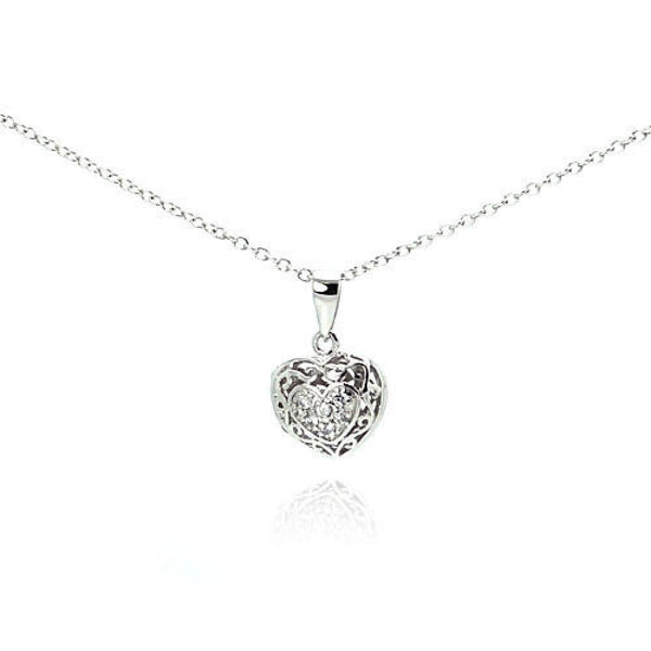 Silver 925 Clear CZ Rhodium Plated Heart Locket Pendant Necklace - BGP00061 | Silver Palace Inc.
