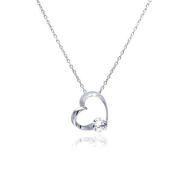 Silver 925 Clear CZ Rhodium Plated Heart Pendant Necklace - BGP00063 | Silver Palace Inc.