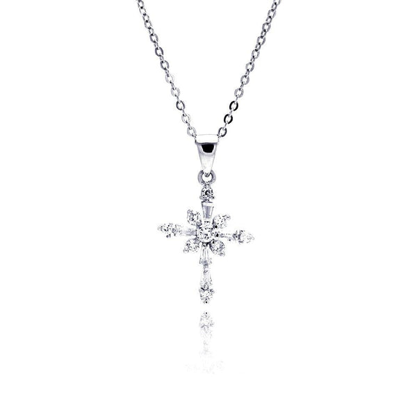 Silver 925 Clear CZ Rhodium Plated Cross Pendant Necklace - BGP00066 | Silver Palace Inc.