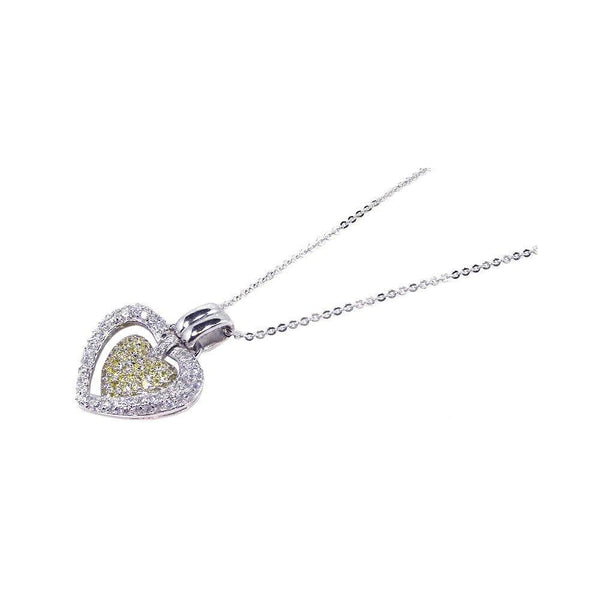 Silver 925 Clear Yellow CZ Rhodium Plated Double Heart Pendant Necklace - BGP00070 | Silver Palace Inc.