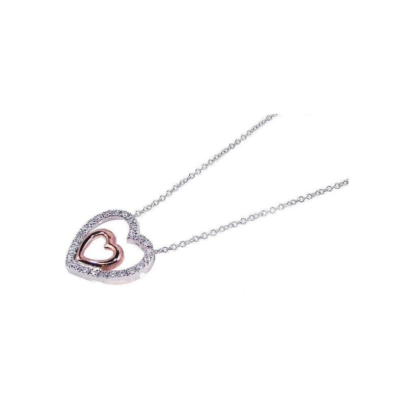 Silver 925 Clear CZ Rhodium and Rose Gold Plated Heart Pendant Necklace - BGP00087 | Silver Palace Inc.