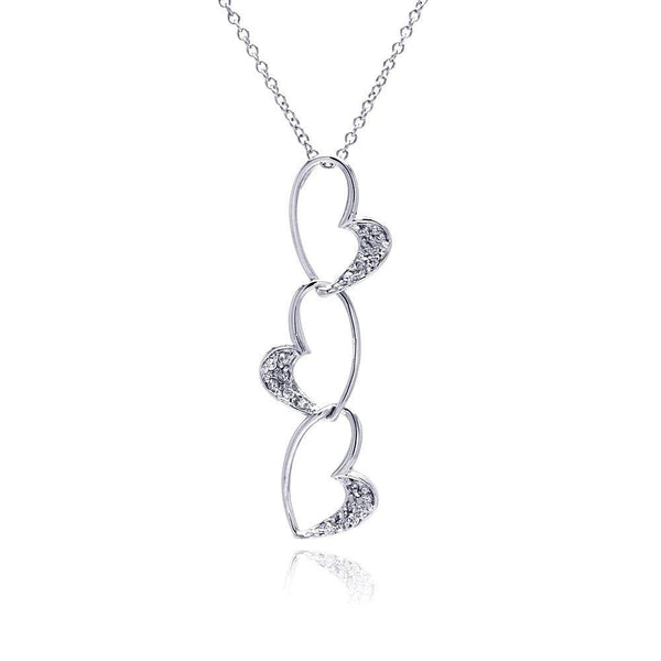 Silver 925 Clear CZ Rhodium Plated 3 Heart Pendant Necklace - BGP00093 | Silver Palace Inc.