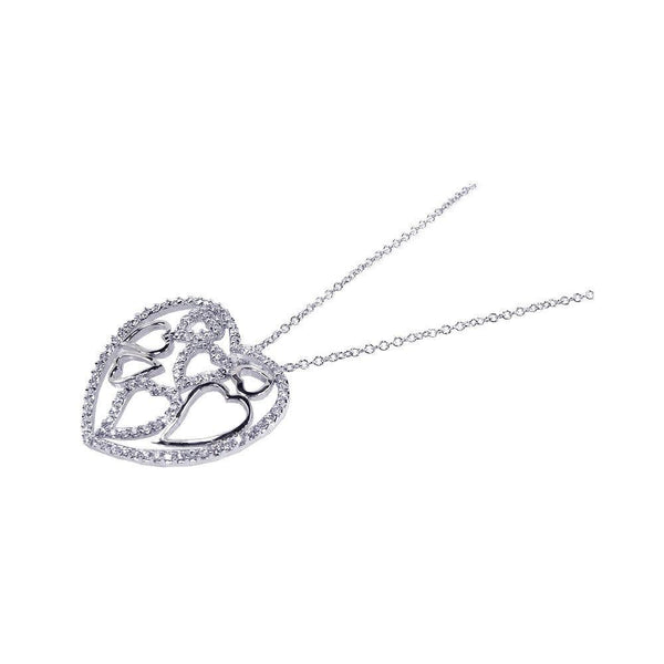 Silver 925 Clear CZ Rhodium Plated Multi Heart Pendant Necklace - BGP00098 | Silver Palace Inc.