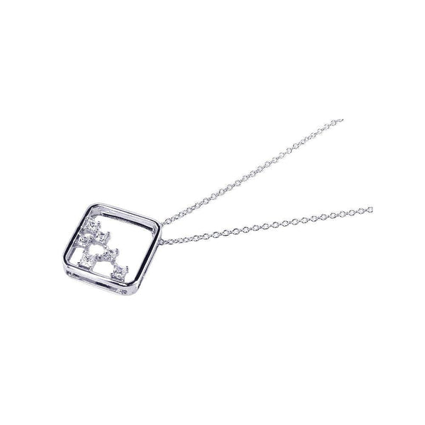 Silver 925 Clear CZ Rhodium Plated Square Pendant Necklace - BGP00099 | Silver Palace Inc.