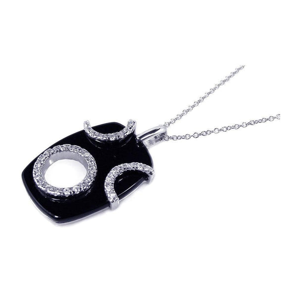 Silver 925 Clear CZ Rhodium Plated Black Onyx Octagon Pendant Necklace - BGP00107 | Silver Palace Inc.